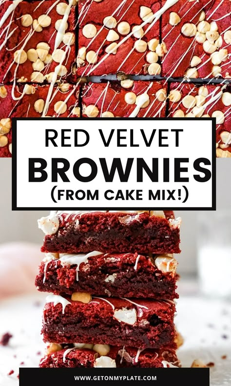 Red Velvet Brownies From Box Cake Mixes, Brownies With Cake Mix, Brownies With White Chocolate Chips, Red Velvet Cake Mix Recipes, Brownies With White Chocolate, Velvet Desserts, Cake Mix Brownies, Velvet Recipes, Easy Red Velvet