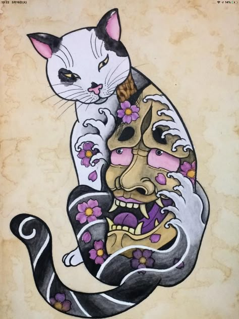 Cat Tattoo Japanese, Japanese Cat Tattoo, Traditional Japanese Tattoo, Jagua Henna, Tattoo Japanese, Cat Tattoo Designs, Traditional Japanese Tattoos, Asian Tattoos, Japanese Artwork