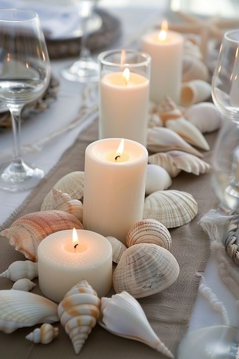 Create an enchanting tablescape that echoes the beauty of nature 🌿🌊. These eco-chic centerpieces blend earthly elements with the serenity of the sea, perfect for couples who love the environment. Ignite romance and sustainability on your special day! 🕯️❤️ #WeddingInspiration #EcoWedding #WeddingDecor #DIYWedding #SustainableLiving #SeasideTheme #NatureWedding #BohoChic Seashell Tablescape, Seashell Wedding Decor, Beach Table Settings, Chic Centerpieces, Seaside Theme, Beach Table, Eco Wedding, Eco Friendly Wedding, River Stones