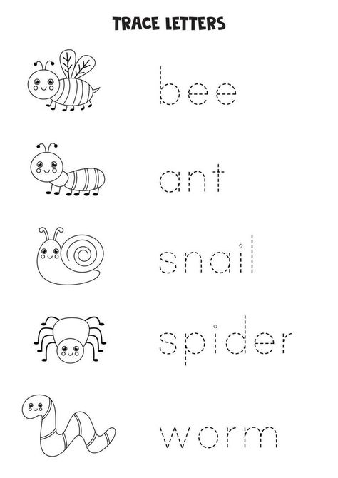 Trace words. Educational game for kids. Cute insects. Insect Vocabulary Preschool, Insect Tracing Preschool, Insects Worksheets Preschool, Insects Worksheets For Kids, Insect Worksheets Preschool, Insects Activities Preschool, Insect Preschool Activities, Bugs And Insects Preschool Activities, Insects Preschool Activities