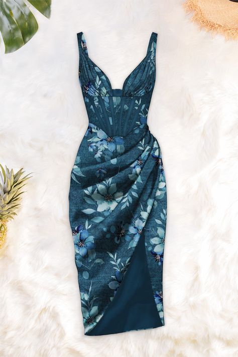 The latest in our womenswear collection, this dress is one of our current faves for the upcoming summer season! Dresses Straight, Dress For Parties, Draped Midi Dress, Print Background, Draped Midi Dresses, Drawing Board, Blue Floral Print, Designer Swimwear, Fancy Dresses