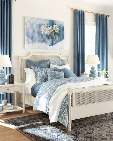 25 Blue Rooms & Why You Need this Classic Color - How to Decorate Blue Sage Bedroom, Blue And Ivory Bedroom, Blue And White Master Bedrooms Decor, Navy And Teal Bedroom, Bedroom Decorative Pillows, Cozy Blue Bedroom, Bed Layering, Navy Room, Blue And Cream Bedroom