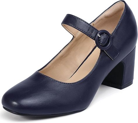 Amazon.com | IDIFU Navy Blue Dress Shoes for Women Mary Jane Pumps Closed Toe Heels Low Short Chunky Block Heels Flight Attendant Cute Round Toe Vintage Small Pumps Heels with Round Buckle(Navy Blue Pu,7) | Pumps Shoes For Women Wedding, Navy Blue Dress Shoes, Blue Mary, Blue Dress Shoes, Dress Shoes For Women, Closed Toe Heels, Womens Mary Janes, Navy Blue Dress, Block Dress