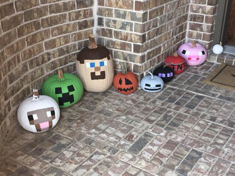 Minecraft Painted Pumpkins Minecraft Pumpkin Decorating, Pumpkin Painting Ideas Minecraft, Video Game Pumpkin Painting, Minecraft Painted Pumpkins, Zelda Pumpkin Painting, Roblox Pumpkin Painting, Monster Truck Pumpkin Painting, Pumpkin Carving Minecraft, Minecraft Pumpkin Painting