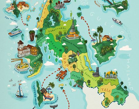 A TWIST OF THAILAND on Behance Florida Islands, Dessin Game Of Thrones, Maps Design, Map Illustrations, Thailand Map, Infographic Map, Travel Infographic, Illustrated Maps, Hand Drawn Map