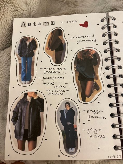 Outfit Inspo Journal Page, Scrapbook Ideas Fashion, Scrapbooking Inspo Aesthetic, Journal Pictures Aesthetic, Autumn Journal Page, Downtown Girl Journal Ideas, Fashion Scrapbook Ideas, Journal Aesthetic Pictures, Autumn Journal Ideas