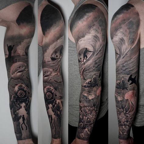 Sea Fish Tattoo Design, Realistic Underwater Tattoos, Mens Ocean Tattoo Sleeve, Surf Tattoo Sleeve, Florida Leg Sleeve Tattoo, Black And Grey Ocean Tattoo, Deep Sea Tattoo Sleeve, Black And White Ocean Tattoo, Mens Ocean Tattoo