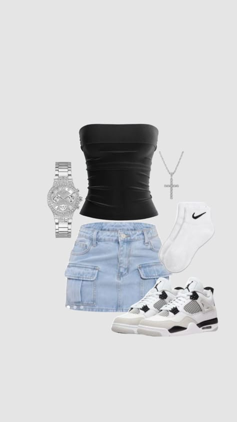 summer fits!💞|| #outfitinspo #cleangirl #cleangirloutfit #chavoutfit #streetwear #streetfashion #fashion #outfit || 💝/🎀 Tube Top Outfit With Shorts, Outfit Inspo With Jordans, Summer Outfits Jordans, Outfit Ideas Tube Top, Jordan 4 Outfit Summer, Summer Tube Top Outfit, Tube Top Summer Outfits, Cute Tube Top Outfits, Tube Tops Outfit