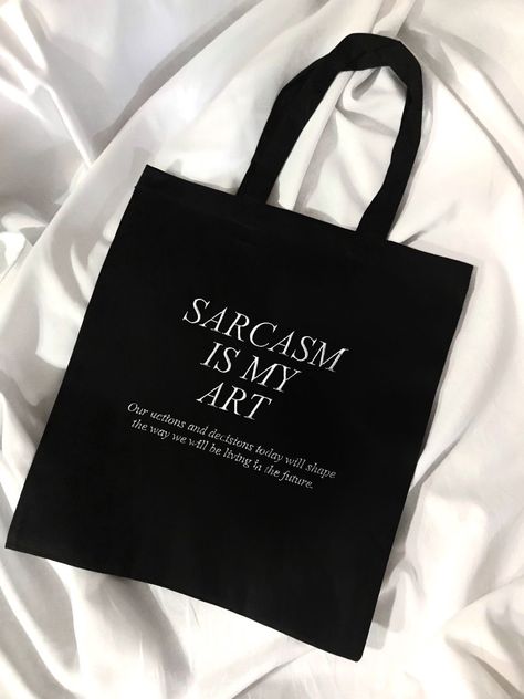 Eco Bag Aesthetic, Black Tote Bag Design Ideas, Black Tote Bag Design, Hand Painted Bags Handbags, Eco Bag Design, Canvas Bag Design, Idee Cricut, Quote Tote Bag, Sac Diy