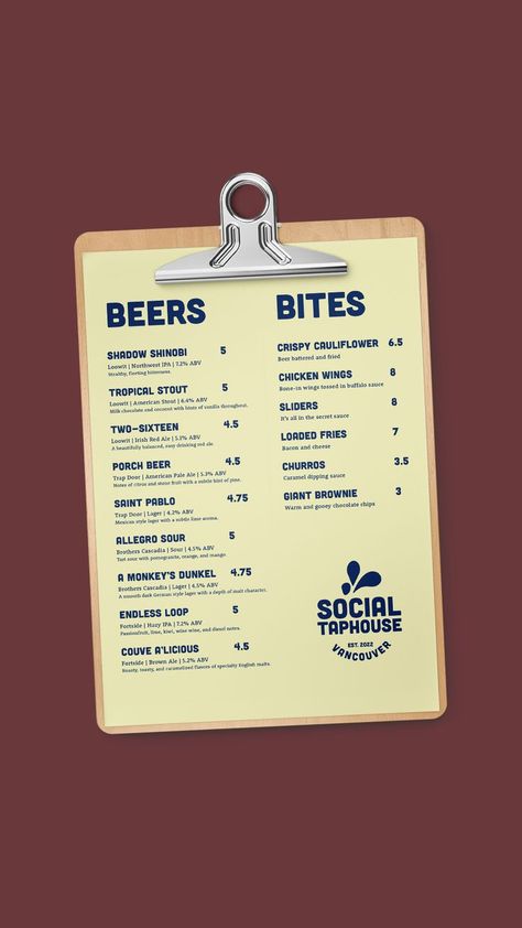 Menu for Social Taphouse. Menu design. Local breweries, beer, pub house, restaurant, public house, graphic design, visual identity, branding, brand design, logo design Beer Menu Design, House Graphic Design, Menu Design Layout, Lunch Cafe, Tap House, Beer Menu, Loaded Fries, Cafe Branding, Menu Inspiration