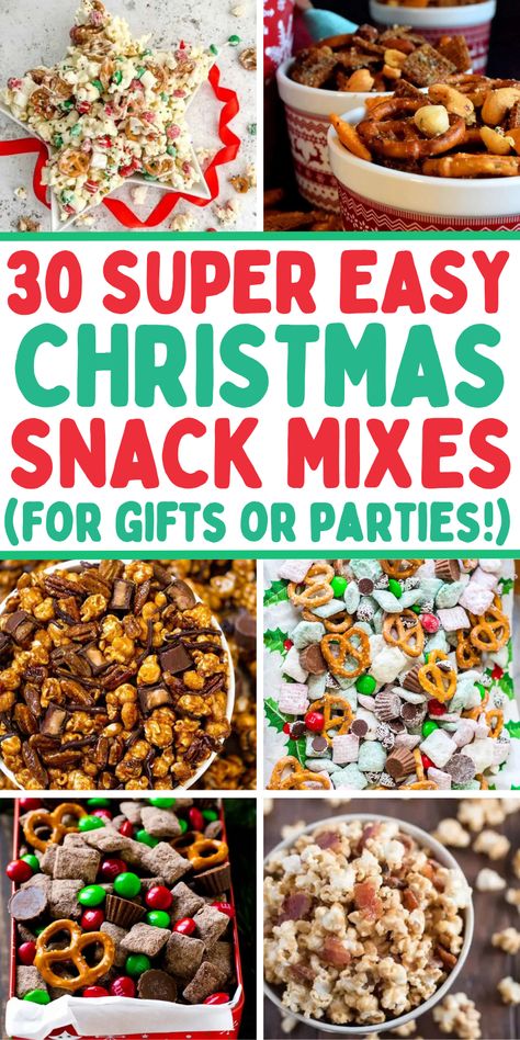 Easy Christmas snack mix recipes for gifts and holiday party food, including sweet and salty recipes for a crowd. Perfect for kids and adults alike, these homemade Christmas snacks and edible gift ideas are great to bring to potlucks, bake sales, or to munch on for movie nights. Salty Chex Mix Recipes, Christmas Snack Mixes, Christmas Snack Mix Recipes, Savory Christmas Treats, Chex Mix Recipes Christmas, Savory Chex Mix Recipes, Christmas Snacks Savory, Savory Chex Mix, Easy Holiday Snacks