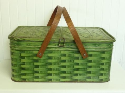 1940s Metal Basket Green Tin Metal Lithograph by NewLifeVintageRVs Rectangular Basket With Metal Handles, Tin Basket, Metal Picnic Baskets Vintage Tins, Small Metal Basket Double Handles, Small Vintage Rustic Fabric Metal Basket, Green Bohemian Basket-shaped Bag, Green Basket, Metal Basket, Tin Metal