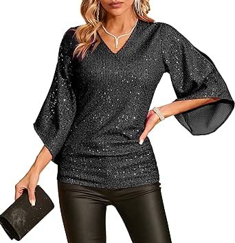 Sequin Tops for Women 3/4 Sleeve Blouse for Women Dressy Sparkly Tops V Neck Outfits for Party Glitter Tops