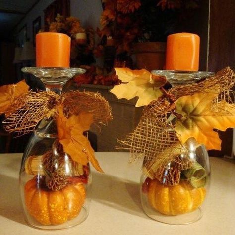 Decorate for fall on a budget with these creative dollar store fall DIY ideas. You can get a majority of the supplies from the Dollar Tree, but you will probably need some basic crafting materials like glue gun, paint, paint brushes, etc. You Can Get These Items at Dollar Tree (everything is $1): pumpkins (foam, … Fall Bridal Shower Table Decor, Diy Thanksgiving Centerpieces, Dollar Store Fall Decor, Easy Diy Thanksgiving, Fall Candle Holders, Thanksgiving Decorations Diy, Wine Glass Crafts, Dekor Diy, Diy Thanksgiving