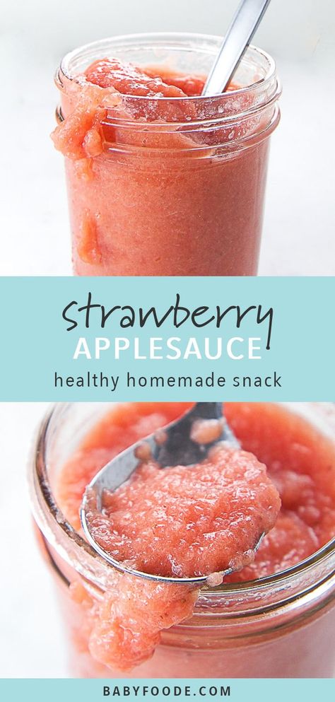 This bold Strawberry Applesauce is made with a ton of strawberries (2 heaping cups), apples, a drizzle of vanilla extract and a pinch of cinnamon. It's amazing served for breakfast, with lunch or as an afternoon snack. Full of flavor and nutrition, this Strawberry Applesauce will be your your new go-to summer recipe for baby, toddler, big kids, and even mom and dad. #healthysnacks #schoollunch #applesauce #babyledweaning Strawberry Applesauce, Recipe For Baby, Greek Yogurt Toppings, Healthy Homemade Snacks, Apple Sauce Recipes, Baby Puree Recipes, Homemade Applesauce, Baby Puree, Summer Recipe