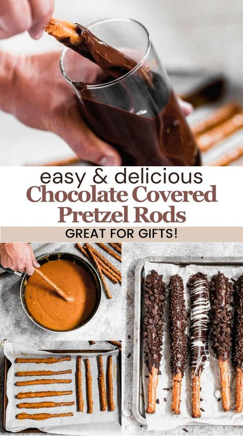 Photo of chocolate dipped pretzel rods, showing how to make easy homemade Christmas candy. Chocolate Caramel Pretzels Rods, Pretzel Rods Recipe, Pretzel Rods Dipped, Caramel Pretzels Rods, Melted Caramel, Chocolate Pretzel Rods, Chocolate Dipped Pretzel Rods, Covered Pretzel Rods, Dipped Pretzel Rods