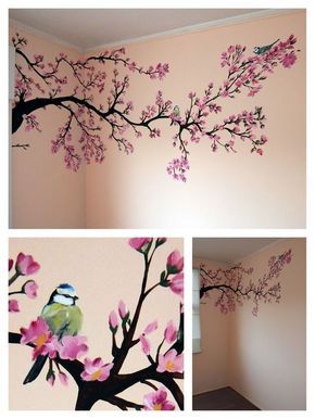 aplicando vinilos en las paredes Tree Wall Painting, Painting Spring, Tree Mural, Diy Wall Painting, Diy Wand, Room Wall Painting, Wall Painting Decor, Spring Tree, Wall Paint Designs