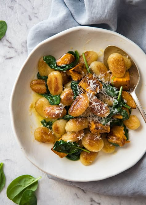 Pan Fried Gnocchi with Pumpkin and Spinach - Golden crispy on the outside, soft on the inside, with a butter sage sauce, roasted pumpkin and spinach. www.recipetineats.com Fall Gnocchi, Fried Gnocchi, Pan Fried Gnocchi, Pumpkin Spinach, Spaghetti Vongole, Sage Butter Sauce, Pumpkin Gnocchi, Gnocchi Recipe, Recipetin Eats