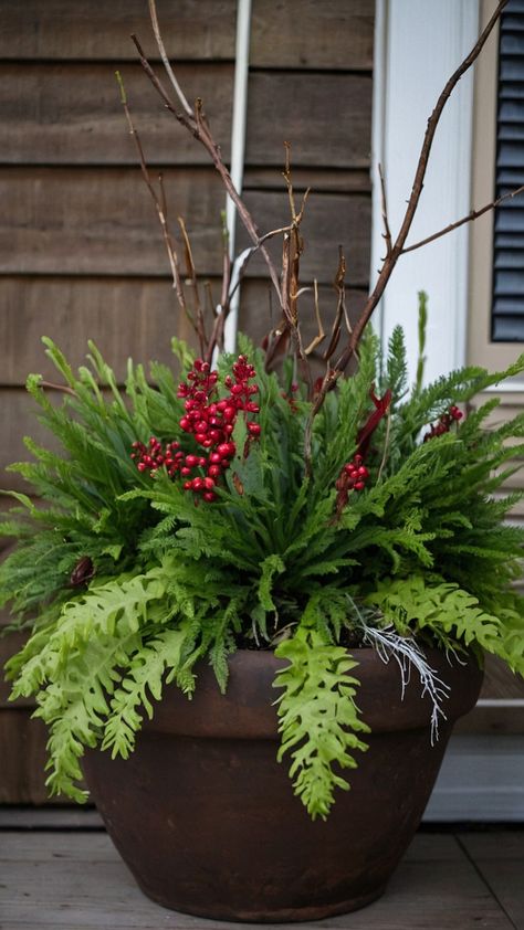 Transform your front porch into a winter wonderland with our creative ideas for winter planters Whether you're looking for DIY projects or luxurious looks our guide has everything you need to craft stunning displays that will dazzle all season long Explore simple yet beautiful arrangements featuring easy-to-care-for pansies birch branches and tall lanterns that elevate your outdoor decor Perfect for those cozy nights and festive gatherings our winter planters are designed to Potted Christmas Decor, Holiday Planter Ideas, Outdoor Christmas Planters Winter Porch, Winter Containers Planters, Winter Porch Pots Diy, Winter Pots Outdoor Front Doors, Winter Planters Front Porches, Winter Potted Plants, Winter Urns