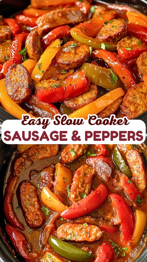 Authentic Italian Sausage And Peppers, Dutch Oven Sausage And Peppers, Spicy Sausage And Peppers, Raw Sausage Recipes, Healthy Crockpot Sausage Recipes, Sausage In Crockpot Slow Cooker, Crock Pot Italian Sausage And Peppers, Sausage And Bell Peppers Recipes, Peppers Mushrooms Onions Recipes