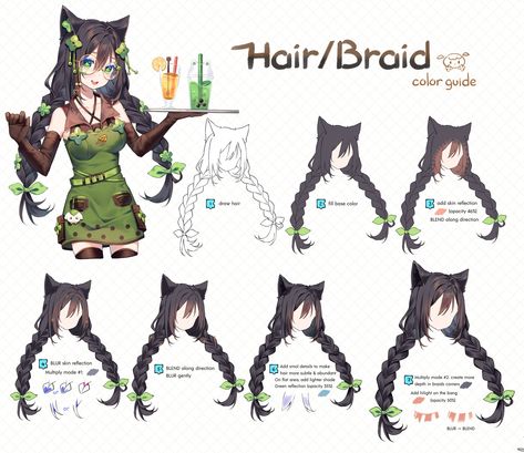 “How to color hair/braid 👧 with 2 multiply-mode layers” Anime Braids, Braiding Hair Colors, Braided Hair Tutorial, Hair Braid, Cheer You Up, Color Hair, How To Draw Hair, Drawing Tutorial, To Color