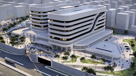 Hospitals Elevation Design, Futuristic Hospital Design, Big Hospital Building, Hospital Architecture Facade, Medical Arts Building, Future Hospital Design, Hospital Concept Design, Hospital Facade Design Architecture, Hospital Design Architecture Concept