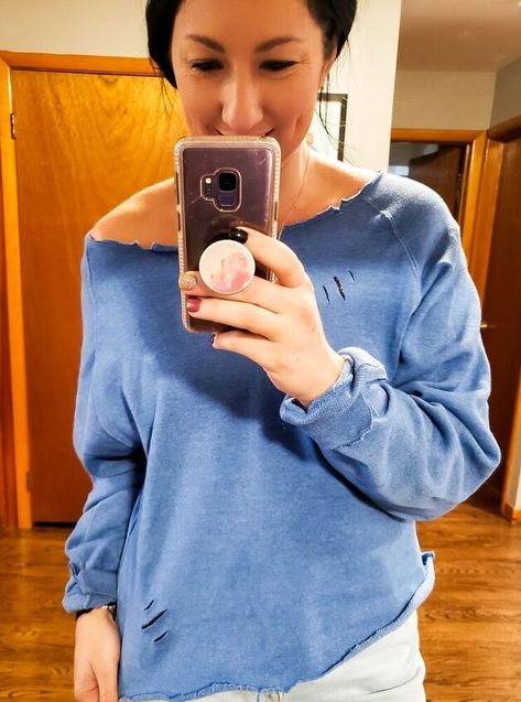 Diy Distressed Hoodie, Distressed Sweatshirt Diy, Distress Sweatshirt Diy, Sweatshirt Modification, Crew Neck Sweatshirt Diy, How To Distress A Sweatshirt, How To Cut A Sweatshirt Off The Shoulder, How To Cut The Neck Of A Sweatshirt, Cut Up Sweatshirt Diy