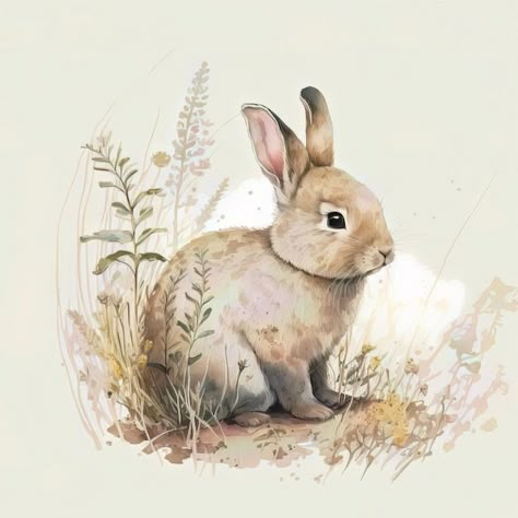 Bunny Watercolor Painting, Character Watercolor, Small Painting Ideas, Animal Drawing Ideas, Rabbit Watercolor, Vintage Sketches, Watercolor Rabbit, Painted Pillows, Animal Day