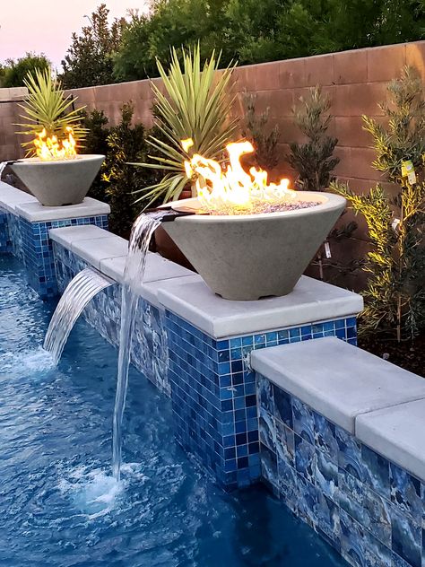 Pool Water Features, Fire And Water, Pool Waterfall, Fire Water, Inspire Me Home Decor, Gas Fire, Fire Features, Backyard Pool Designs, Swimming Pools Backyard