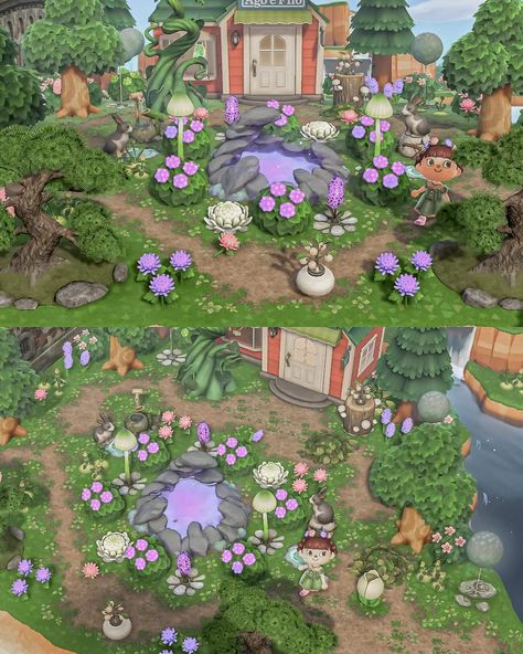 Fairycore Ideas Acnh, Fairy Forest Animal Crossing, Acnh Fairytale Designs, Fairytale Animal Crossing, Animal Crossing Fairycore Ideas, Acnh Fairycore Builds, Whimsigoth Animal Crossing, Acnh Shop Ideas, Acnh Woodland