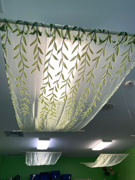 Preschool Theme Room Ideas, Nature Classroom Theme Decor, Forest School Indoor Classroom, Themed High School Classroom, Nature Based School Design, Preschool Ceiling Decorations, Forest Inspired Classroom, Classroom Window Ideas Preschool, Nature Themed Library