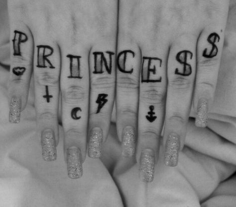 Princess Finger Tattoo, Princess Hand Tattoo, Princess Knuckle Tattoo, Princess Tattoo Writing, Princess Tattoo, Knuckle Tattoos, Body Modifications, Finger Tattoos, Hand Tattoos