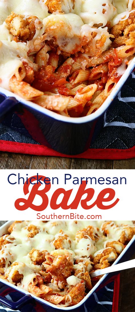 This Chicken Parmesan Bake recipe from southern bite is comfort food for the whole family. Chicken Parmesan Bake Recipe, Chicken Parmesan Bake, Chicken Parmesan Recipe Baked, Parmesan Casserole, Breaded Chicken Tenders, Chicken Parmesan Casserole, Easy Chicken Parmesan, Baked Chicken Parmesan, Popcorn Chicken