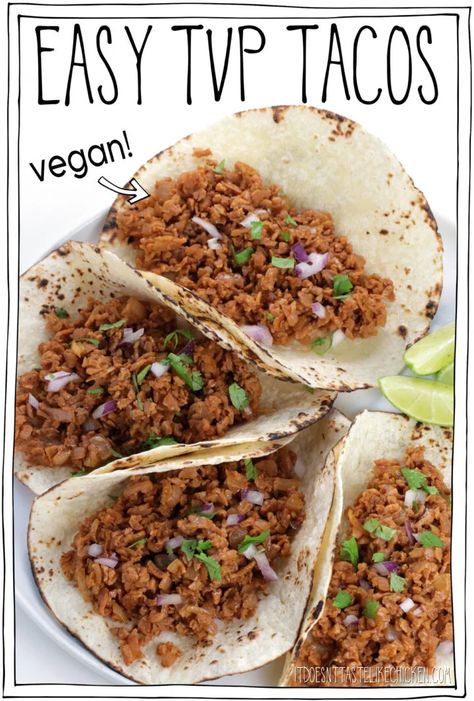 Delicious, fast, easy, cheap, and vegan! Everything about these easy TVP tacos speaks to my soul. Just 15 minutes to whip up this amazingly delicious and meaty taco filling. Top with your favorite taco toppings for a super easy dinner or lunch. YUM! #itdoesnttastelikechicken #tacos #veganrecipes Tvp Recipes, Vegan Shredded Cheese, Vegan Tacos Recipes, Vegan Tacos Meat, Taco Filling, Taco Toppings, Super Easy Dinner, Vegan Breakfast Easy, Vegan Entree