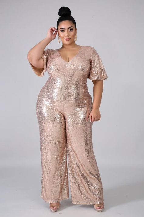 Plus Jumpsuit Plus Size Sequin Jumpsuit, Glam Jumpsuit, Plus Size Leather Pants, Jumpsuit Ideas, Rustic Dresses, Embellished Jumpsuit, Plus Jumpsuit, Sequin Jumpsuit, Big Girl Fashion