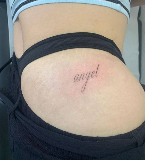 Angel Lettering Tattoo, Lettering Tattoo, Angel Tattoo, Tattoo Lettering, Tattoos And Piercings, Jesus Fish Tattoo, Piercings, Angel, Tattoos