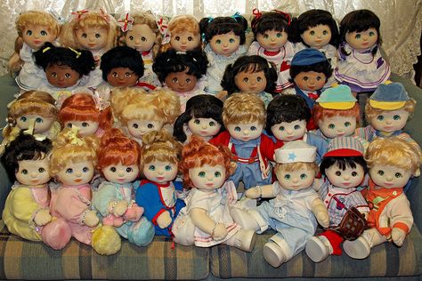 Group pic! | The current My Child collection. | ~sugarlump~ | Flickr Dolls From The 80s, 80’s Toys, Childhood Memories 80s, 1980s Childhood, Miniature Knitting, Enchanted Doll, Baby Doll Pattern, 90s Toys, Group Pic