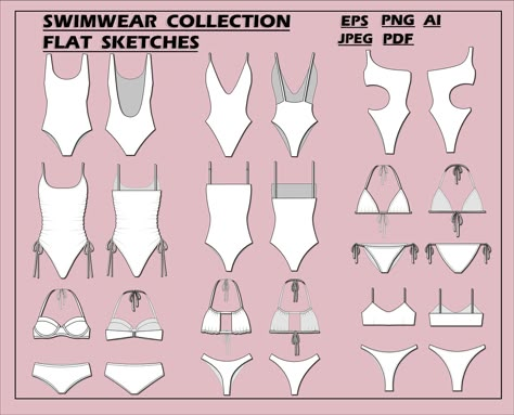 Swimsuit Sketch, Fashion Flat Sketch, Womens Swimsuit, Fashion Design Template, Swimwear Pattern, Flat Sketches, Swimsuit Design, Swimsuit Set, Fashion Design Sketches