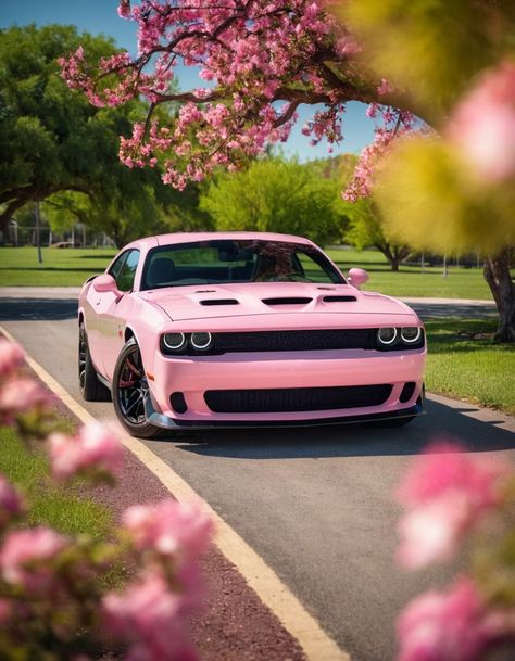 A pink Dodge Challenger parked in a park with a tree in bloom. Pink Hellcat Challenger, Pink Escalade, Pink Dodge Challenger, Pink Dodge Charger, Pink Challenger, Pink Hellcat, Pink Camaro, Doge Challenger, Pink Mustang