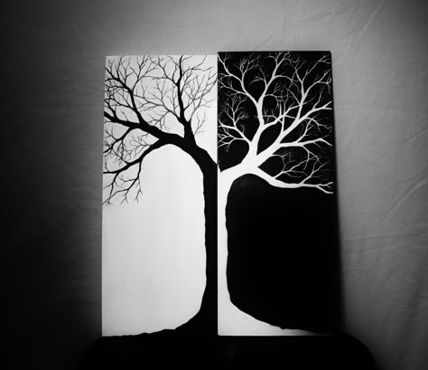 Black And White Tree Painting, Black And White Painting Simple Canvas, Black And White Tree Drawing, Daylight Painting, White Tree Painting, Tree Painting Canvas, Painting Flowers Tutorial, Pencil Drawings For Beginners, Acrylic Art Projects