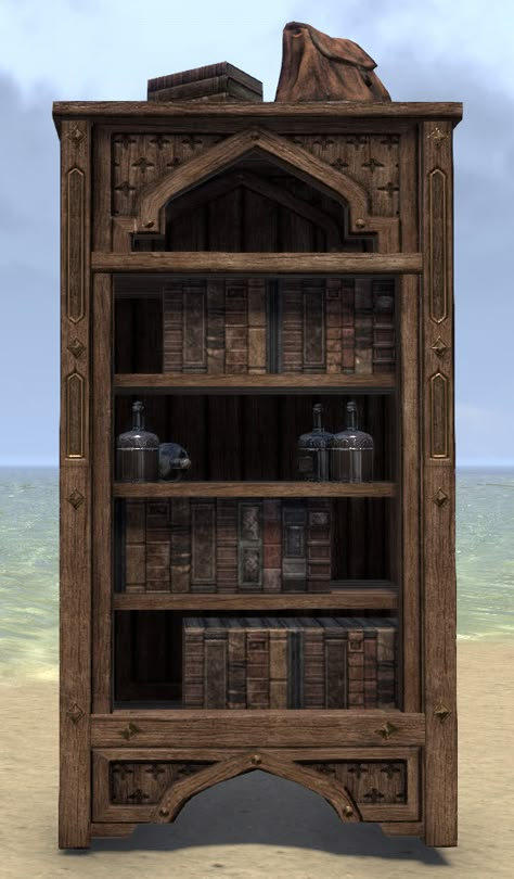 ESO Fashion | Redguard Bookcase, Piled (Elder Scrolls Online) Gothic Bookcase, Tudor Decor, Dnd Room, Medieval Decor, Medieval Furniture, Antique Bookcase, Fantasy Bedroom, Fantasy Furniture, Dream Kitchens Design