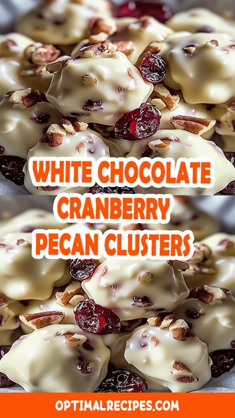 Ready to impress with the perfect holiday treat? These White Chocolate Cranberry Pecan Clusters are the festive sweet you need! 🍫✨ Crunchy pecans, tart cranberries, and creamy white chocolate come together in this super easy recipe that’s perfect for gifting, snacking, or adding a little sparkle to your dessert table! 🎄🍬 Save now for a quick, no-bake treat everyone will crave. Bonus: they look totally Pinterest-worthy! 😍 #HolidayTreats #FestiveDesserts #EasyRecipes #WhiteChocolateClusters #HolidayBaking #CranberryPecan Chocolate Cranberry Pecan Clusters, Holiday Goodies Christmas, White Chocolate Pecan Cranberry Candy, Festive White Chocolate Cranberry Pecan Clusters, No Bake White Chocolate Cranberry Cookies, White Chocolate Cranberry And Pecan Candy, White Chocolate Cranberry Pecan Bark, Cranberry Pecan White Chocolate Candy, White Chocolate Pecan Cranberry Clusters