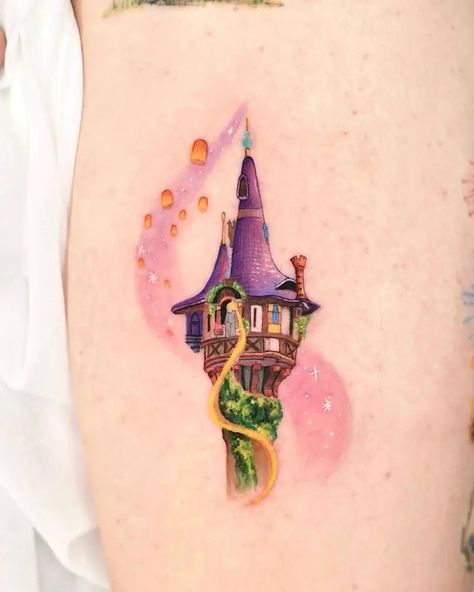 Classic Disney Tattoos, Disney Tangled Tattoo, Disney Watercolor Tattoo, Little Mermaid Tattoo, Teacup Tattoo, Travel Tattoo Ideas, Disney Tattoo Ideas, Tattoo 2024, Magical Symbols