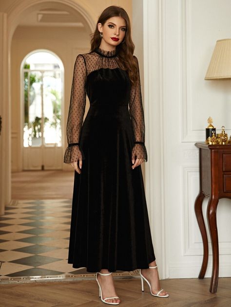 Velvet Contrast Dobby Mesh Maxi A-line Dress | SHEIN USA Wedding Guest Dress Shein, Hijab Dress Wedding, Wedding Dress Korean Style, Dress For Hijab, Wedding Dress Korean, Hand Sleeves, Sewing Reference, Black Velvet Gown, Velvet Dress Short