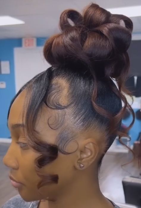 Bun With Curls Hanging Down Natural Hair, Bun With Curls Hanging Down, Top Bun Hairstyles For Black Women, Bun Hairdo, Ninja Bun, Updo Ponytail, Bun With Curls, Black Hair Updo Hairstyles, Cute Natural Hairstyles