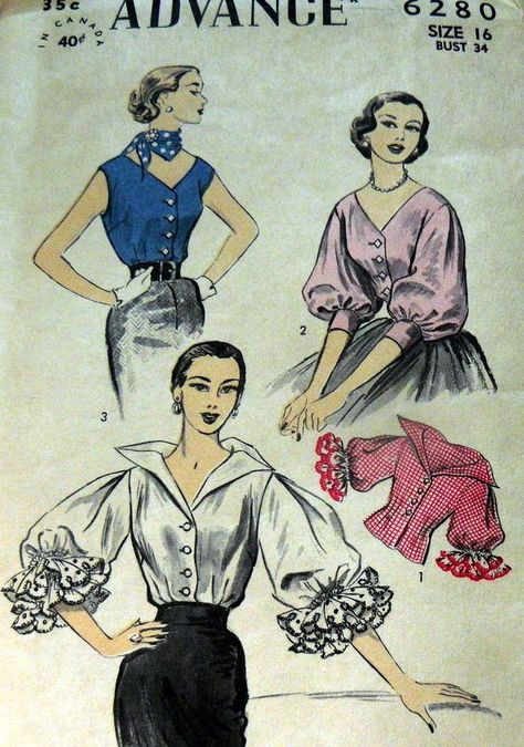 LOVELY VTG 1950s BLOUSE ADVANCE Sewing Pattern 16/34 Advance 6280 3/4 puff sleeves dramatic ruffle pirate white pink blue Fashion Sleeves, 1950s Blouse, Vintage Clothes Patterns, Advance Patterns, 1950s Sewing Patterns, Patron Vintage, Retro Sewing Patterns, Vintage Dress Patterns, Dress Making Patterns