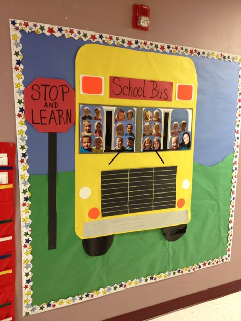 Welcome school bus board! School Bus Board Ideas, Back To School Bus Bulletin Board, Wheels On The Bus Bulletin Board, The Magic School Bus Classroom Theme, Bus Route Chart For Classroom, School Bus Door Decoration, Transportation Bulletin Board Ideas, Bus Decorating Ideas, Bus Bulletin Board Ideas