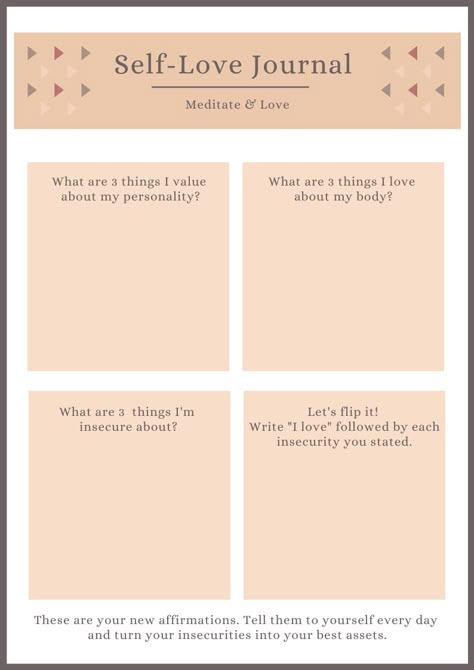 Self-Love Journaling Exercises - Meditate & Love  #selflove #loveyourself #spirituality #meditate #free #worksheet #journal Printable Self Love Worksheet, Self Love Journal Template, Love Yourself Worksheet, Journaling Exercises For Healing, Self Love Printables, Therapy Journal Template, Self Love Exercises Journal, Diy Self Love Journal Ideas, Self Love Template