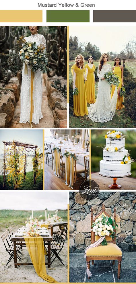 mustard yellow and greenery woodland wedding colors Wedding Color Yellow Schemes, Green Purple Yellow Wedding, Fall Wedding Colors Mustard Yellow, Purple Yellow And Green Wedding Color Schemes, Wedding Mustard Yellow, Wedding Flowers Yellow, Mustard Yellow Wedding, Mustard Wedding, Yellow Wedding Colors