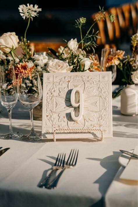 Gatsby White 8" x 8" Tin Look Wall … curated on LTK Spanish Theme Wedding Decor, Mexican Table Numbers, Spanish Colonial Wedding, Spanish Wedding Decor, Tile Table Numbers, Spanish Tile Wedding, Italian Themed Wedding, Elegant Mexican Wedding, Spanish Inspired Wedding